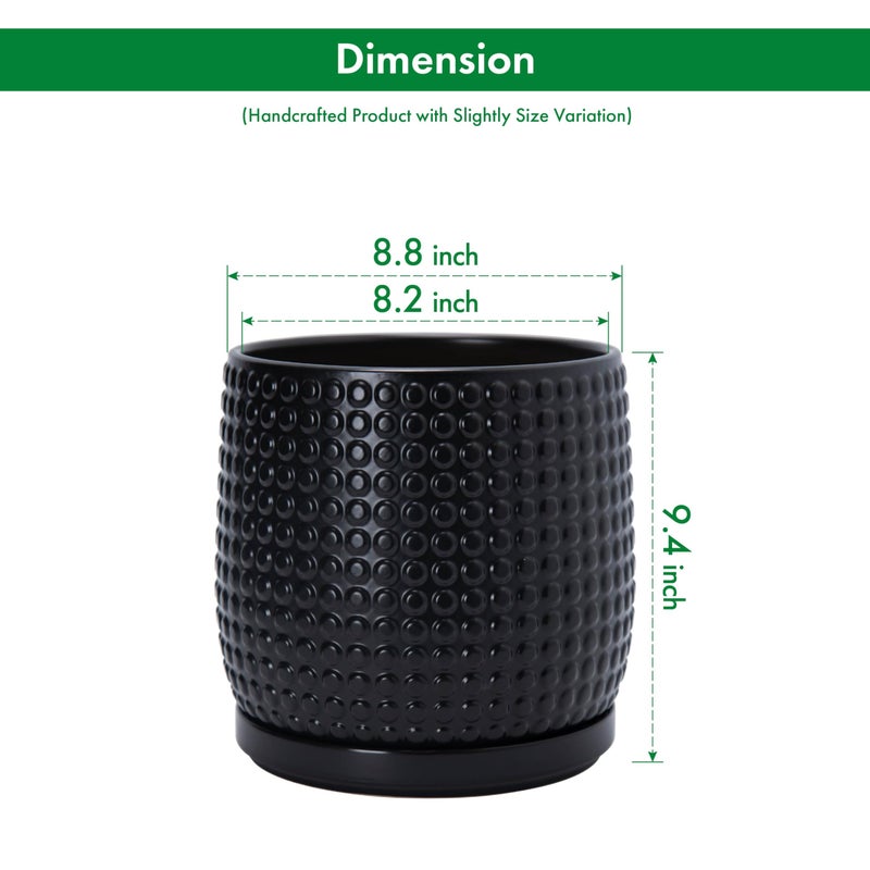 D'vine Dev 8 Inch Ceramic Beaded Stoneware Planter Pot - Flower Pot with Drainage Holes and Saucers for Indoor Succulent Plants or Flowers, Ebony Matte, 27-C-Q-6 - Image 3