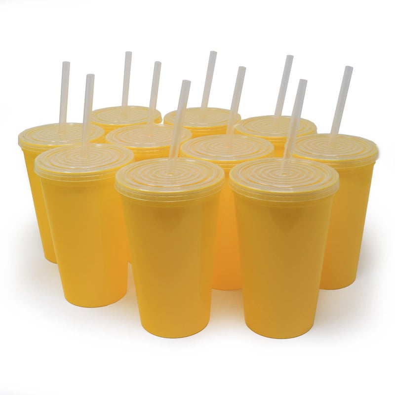 Rolling Sands 22 oz Reusable Plastic Cups with Lids 10 Pack USA Made Yellow Tumblers Includes 10 Reusable Straws Dishwasher Safe
