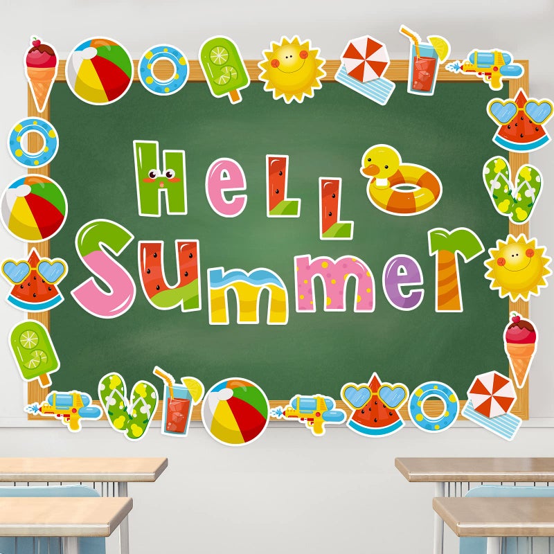 Pajean 52 Pieces Hello Summer Cut Outs Colorful Summer Theme Bulletin Board Decor with 120 Pieces Glue Points Beach Pool Paper Cutouts for Classroom Bulletin Board Decoration School Party Supplies - Image 1
