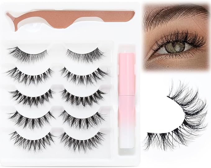 EMEDA Natural lashes with glue and tweezers 5 Pair Natural look eyelashes with lash glue 3D Short Natural false lashes Kit Strip Fake Lashes With Applicator Natural 6 - Image 1