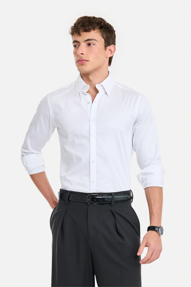 SNITCH White Solid Long Sleeve Slim Fit Formal Shirt