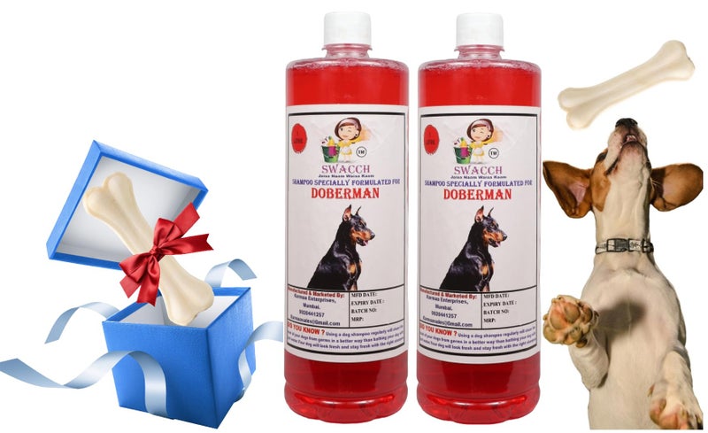 swacch Shampoo | Puppy Safe Shampoo| Doberman Dog Shampoo (1 Litre) (Pack of 2) Jasmine + Medium White Bone |Dog Chew Bones |Teething chew Toy|Dental Teething |Combo Pack - Image 1