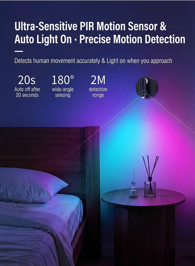 ضوء كامل مصباح LED داخلي لاسلكي بتقنية RGB مع حساس حركة، تحكم بالريموت ولمس، قابل للشحن مع قاعدة مغناطيسية لإضاءة الديكور، الجدران، اللوحات والنباتات – أسود - Image 3