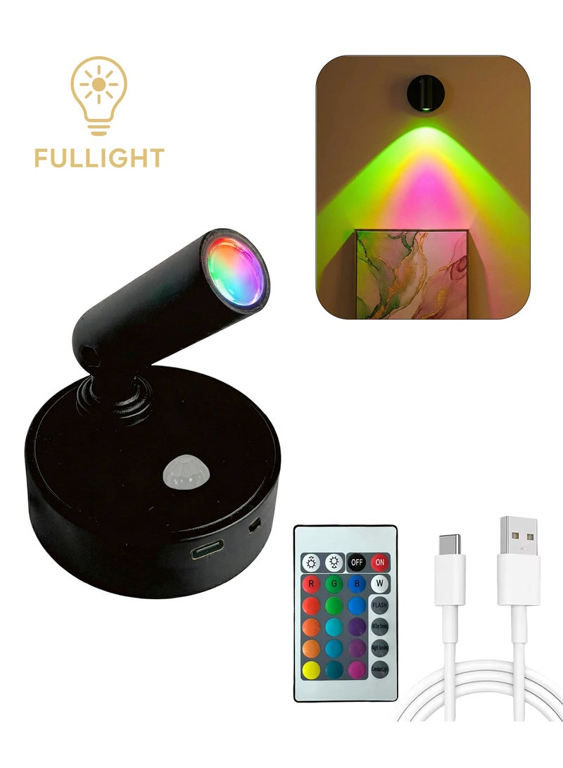 ضوء كامل مصباح LED داخلي لاسلكي بتقنية RGB مع حساس حركة، تحكم بالريموت ولمس، قابل للشحن مع قاعدة مغناطيسية لإضاءة الديكور، الجدران، اللوحات والنباتات – أسود - Image 1