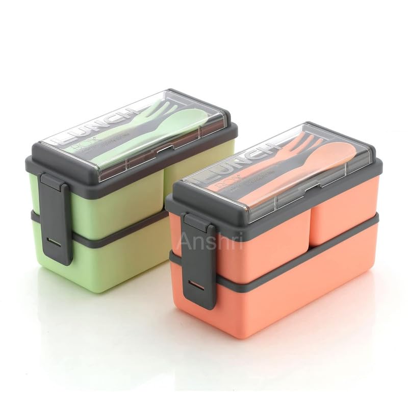 Anshri 3 Compartment Lunch Box, Tiffin Box for Office MenWomenkids Lunch Box, Microwave Safe Leak Proof & Removable School,Garden,Travel Lunch Boxes (Pista,1400 Ml) (Pack of 2) - Image 1