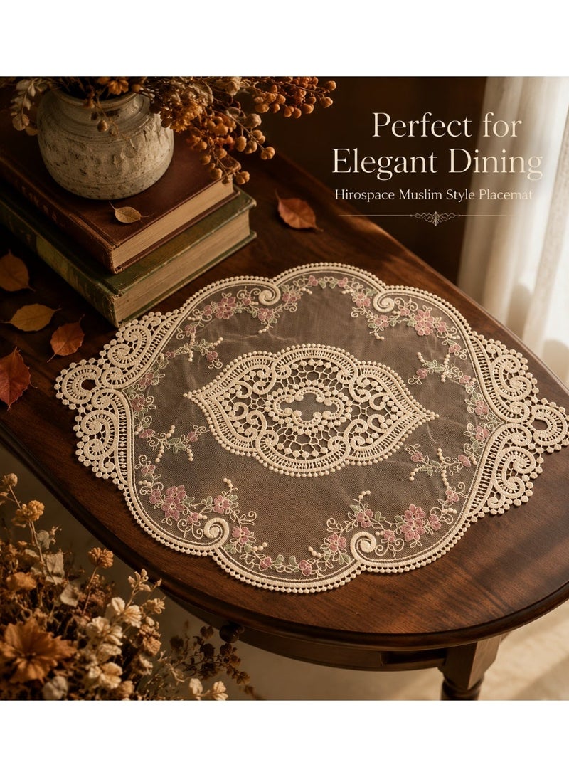 Hirospace 2 pieces of French vintage lace embroidered tablecloths, oval-shaped tablecloths, Chinese style, European luxurious hollowed-out cover, dust-proof lace tablecloth decoration, 43x32 cm, elegant flower pattern, home decoration, beige - Image 2