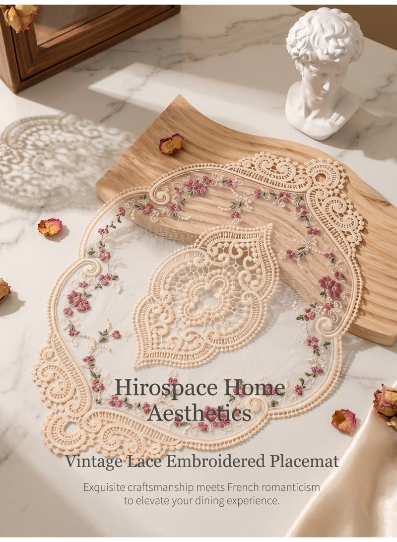 Hirospace 2 pieces of French vintage lace embroidered tablecloths, oval-shaped tablecloths, Chinese style, European luxurious hollowed-out cover, dust-proof lace tablecloth decoration, 43x32 cm, elegant flower pattern, home decoration, beige - Image 4