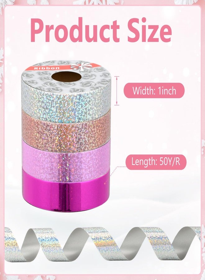 شريط تغليف لامع مقاوم للماء من Knitgrip، 4 لفات، لعيد الحب، 50 ياردة من الشريط البلاستيكي المجعد لتغليف الهدايا، والأقواس، وتزيين الحفلات والمناسبات (بنفسجي، وردي، ذهبي وردي، فضي، 1 بوصة) - Image 2