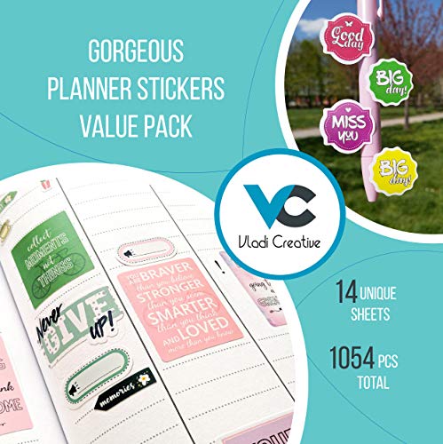 Vladi Creative Cute Colorful Planner Stickers – 1054 pcs / 15 Sheets – Functional & Decorative Icons, Dates, Weather, Flags – Writable Tabs for Bullet Journals, Calendars – Planner Accessories - Image 2