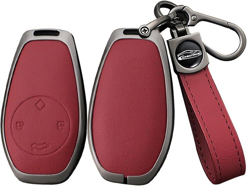حافظة مفاتيح السيارة من ، تناسب طرازات Leapmotor T03 S01 C11 C01، مصنوعة من سبيكة الزنك والجلد، مزودة بـ 4 أزرار، لونها أحمر. - Image 1