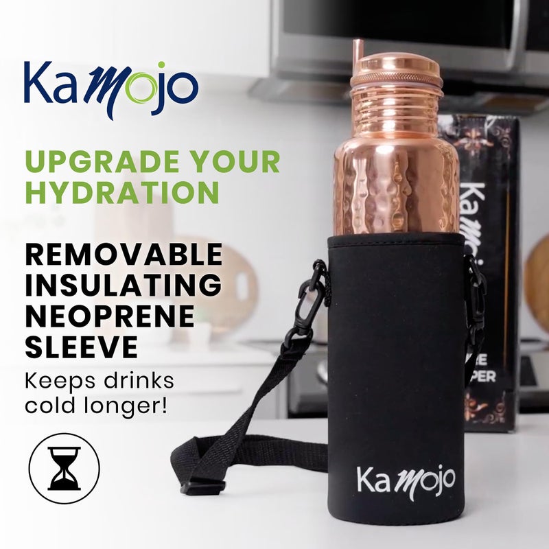 Kamojo Copper Water Bottle for Drinking - Hammered Pure Copper - Removable Insulating Sleeve & Straw - Leak Prooff Lid -Handcrafted Ayurvedic Cup for Water 32 fl oz - Image 4
