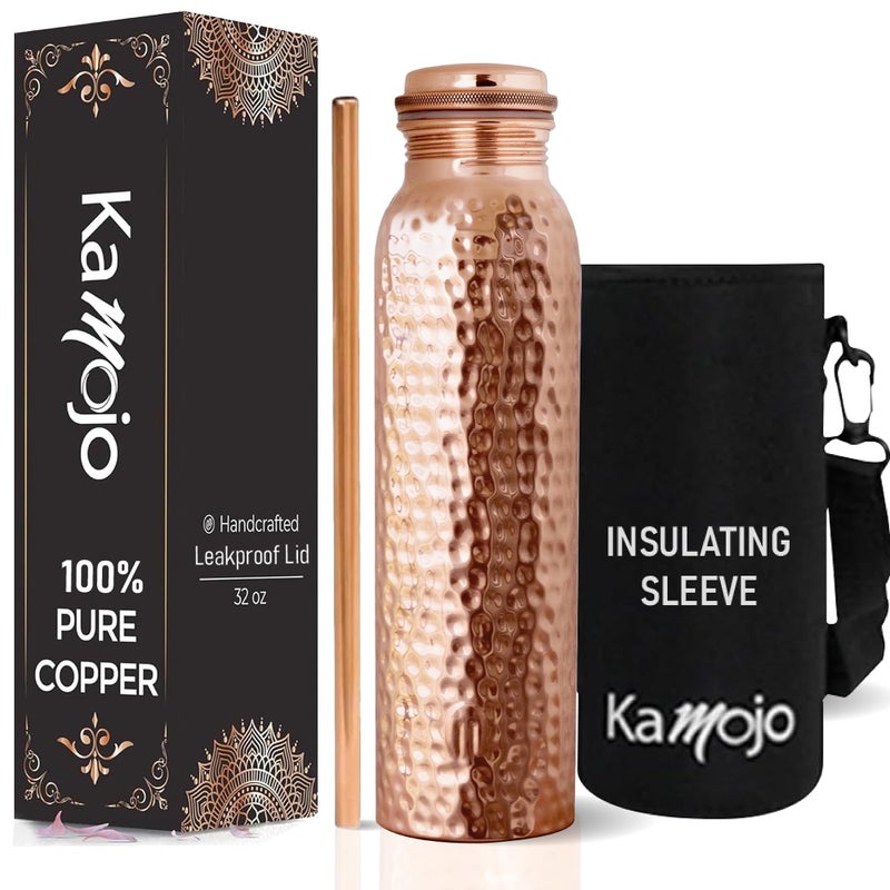 Kamojo Copper Water Bottle for Drinking - Hammered Pure Copper - Removable Insulating Sleeve & Straw - Leak Prooff Lid -Handcrafted Ayurvedic Cup for Water 32 fl oz - Image 1