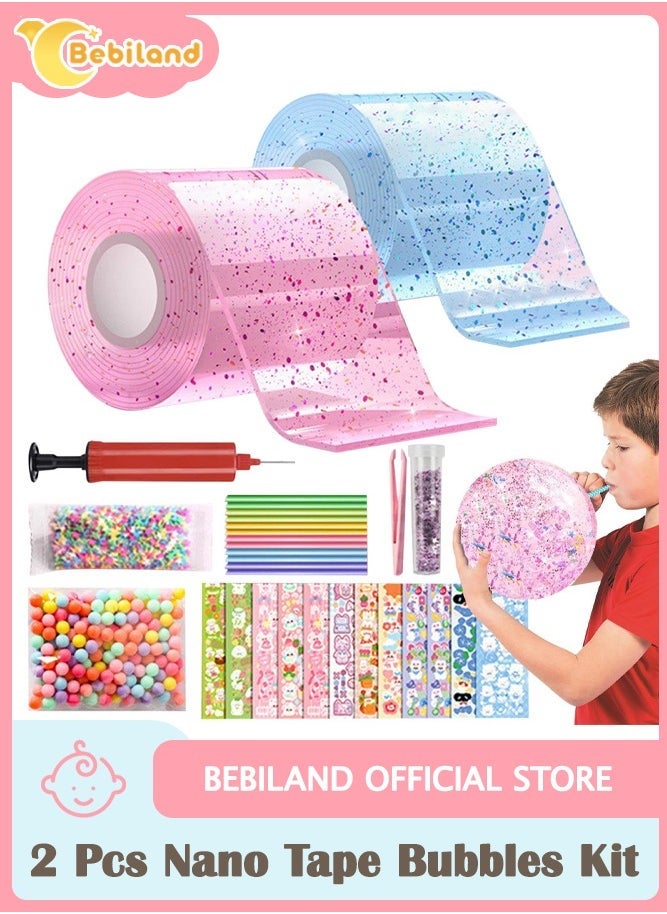 Bebiland 2 Pcs Nano Tape Bubbles Kit,with Straws Glitter Double-Sided Tape Bubble Balloons Elastic Magic Plastic Bubbles DIY Craft Gifts for Party Birthday Fidget Toys Gift (Blue and Pink) - Image 1