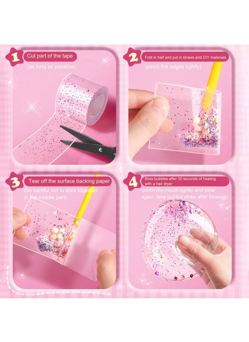 Bebiland 2 Pcs Nano Tape Bubbles Kit,with Straws Glitter Double-Sided Tape Bubble Balloons Elastic Magic Plastic Bubbles DIY Craft Gifts for Party Birthday Fidget Toys Gift (Blue and Pink) - Image 3