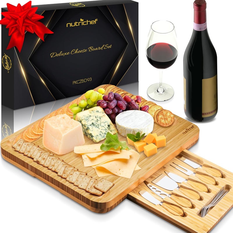 NutriChef 13 Round Bamboo Charcuterie Board SetExtra Large Organic Cheese Platter with Magnetic Sliding Lid 6 Stainless Steel Knives  Forks and Premium Gift Box - Image 1