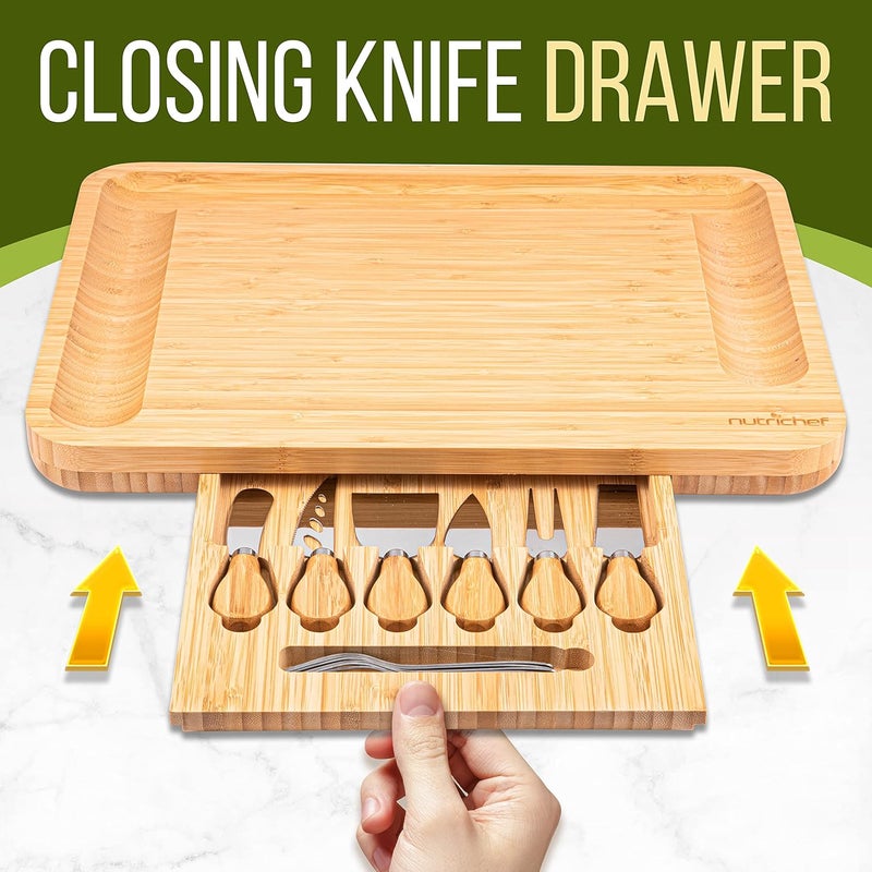 NutriChef 13 Round Bamboo Charcuterie Board SetExtra Large Organic Cheese Platter with Magnetic Sliding Lid 6 Stainless Steel Knives  Forks and Premium Gift Box - Image 5