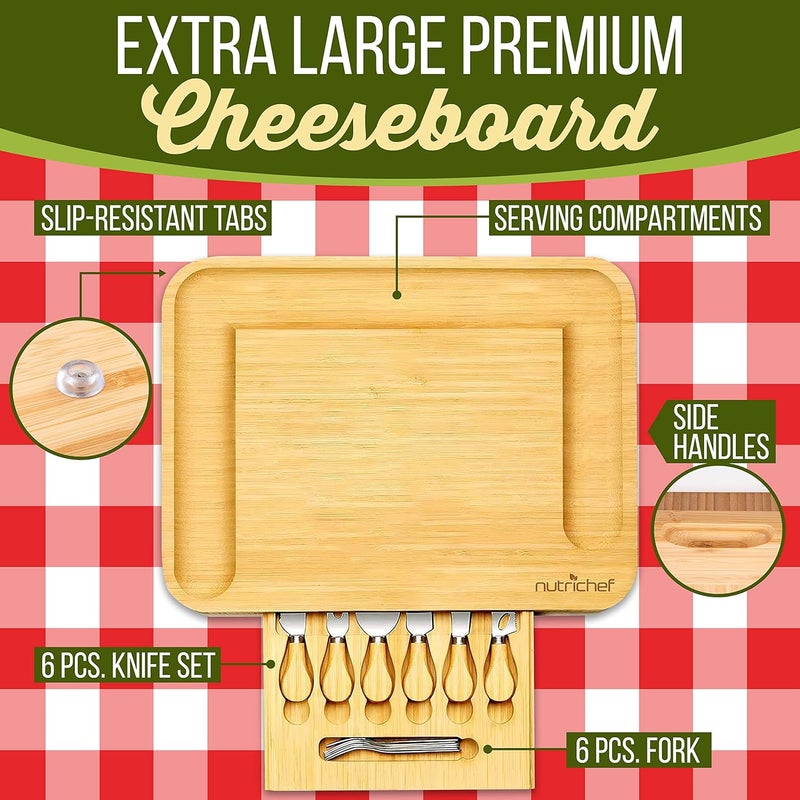NutriChef 13 Round Bamboo Charcuterie Board SetExtra Large Organic Cheese Platter with Magnetic Sliding Lid 6 Stainless Steel Knives  Forks and Premium Gift Box - Image 2