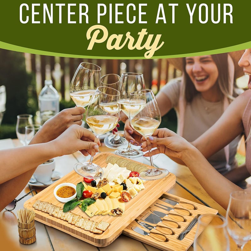 NutriChef 13 Round Bamboo Charcuterie Board SetExtra Large Organic Cheese Platter with Magnetic Sliding Lid 6 Stainless Steel Knives  Forks and Premium Gift Box - Image 4