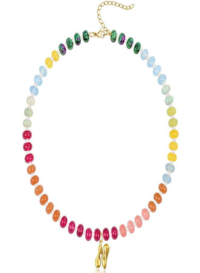 QILMILY Initial Necklaces for Women, Gold Letter Pendant Necklace, Beaded Gemstone Choker Necklace Handmade Natural Stone Jewelry - Image 1