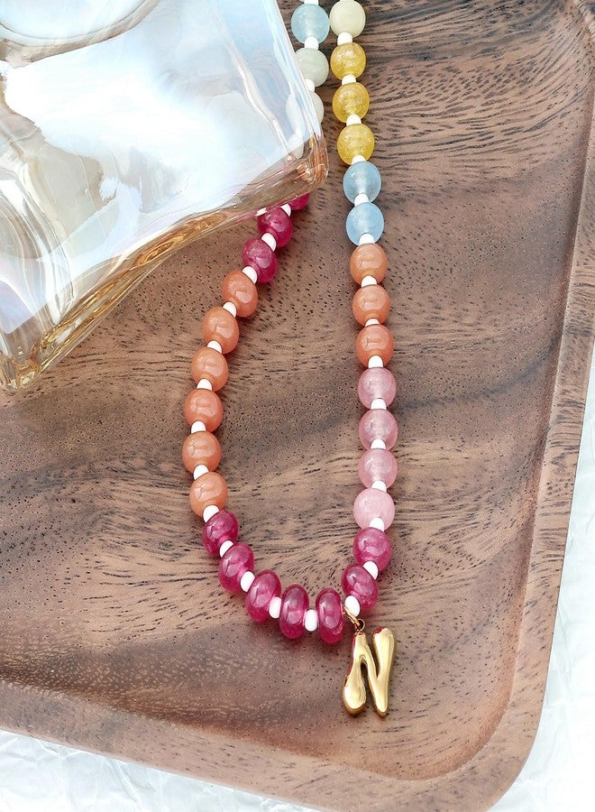 QILMILY Initial Necklaces for Women, Gold Letter Pendant Necklace, Beaded Gemstone Choker Necklace Handmade Natural Stone Jewelry - Image 3