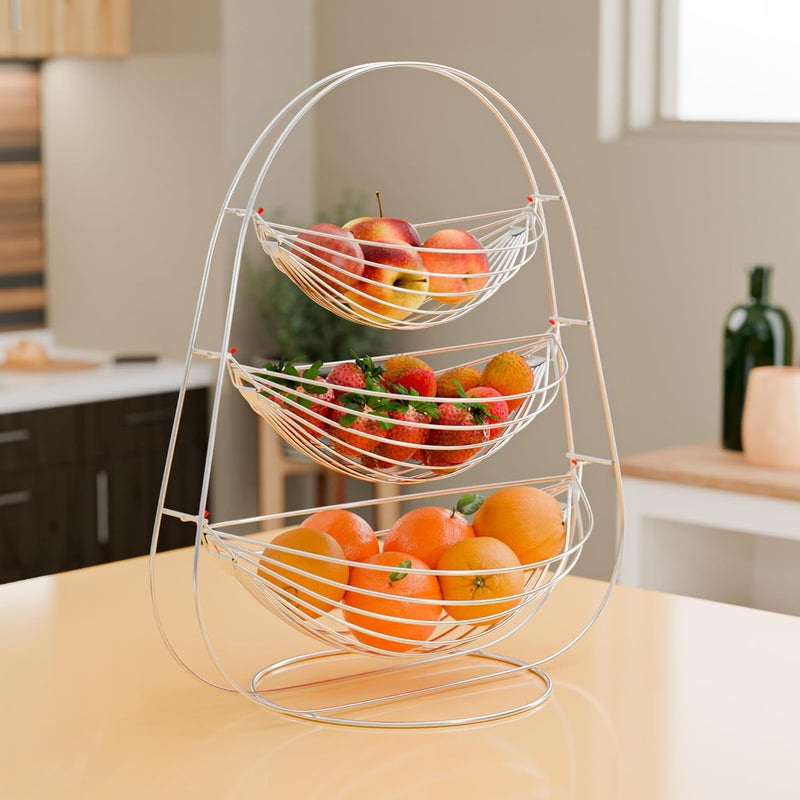 Kuber Industries Stainless Steel 3 Tier Swing Fruit and Vegetable Basket Countertop Onion Potato Rack for KitchenPantry Fruit Basket for Dining Table Vegetable Storage Stand Silver - Image 1