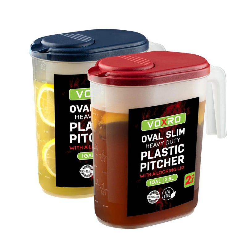 VOXRO 2-Pack Oval Slim Plastic Pitchers With Lids â€“ 1 Gallon, Flip-Top Pivot Spout, Well-Gripped Handle, Water Jug, With Measuring Option, Ideal for Water, Juice & Iced Tea (Blue & Red) BPA Free - Image 1