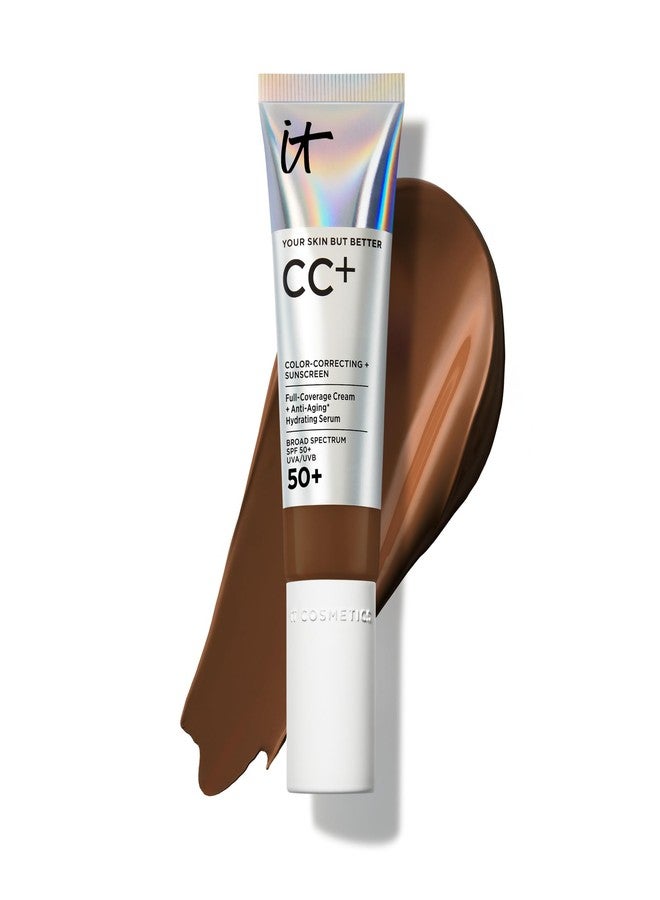 آي كوزمتيكس كريم أساس IT Cosmetics CC+ (لون موكا داكن) - كريم أساس طبيعي بتغطية كاملة مع عامل حماية من الشمس SPF 50+، مصحح لون البشرة، سيروم مرطب مضاد للشيخوخة، حمض الهيالورونيك + ببتيدات، خفيف الوزن - 30 مل - Image 1