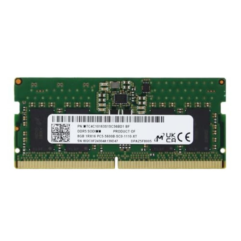 ترقية ذاكرة الوصول العشوائي للكمبيوتر المحمول: Micron 8GB DDR5-5600 SODIMM، غير مخزنة غير ECC، 1Rx16، CL46، 1.1V، أسود، أداء عالي السرعة - Image 1