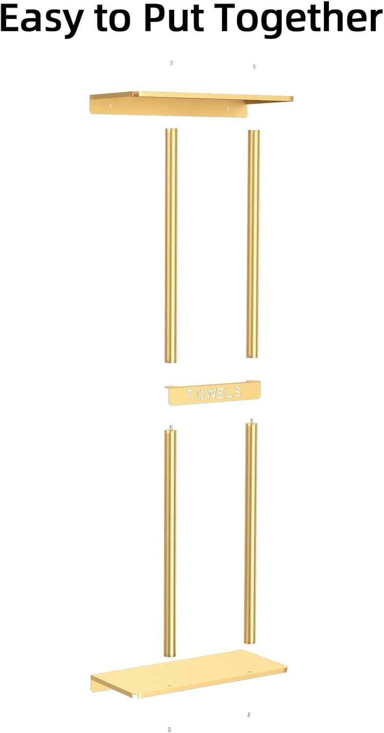 STWWO Bathroom Towel Storage Rack, 30 inch Towel Racks Wall Mounted with Shelf Can Holds 6 Large Towels, Wall Towel Rack for Rolled Towels, Gold - Image 5
