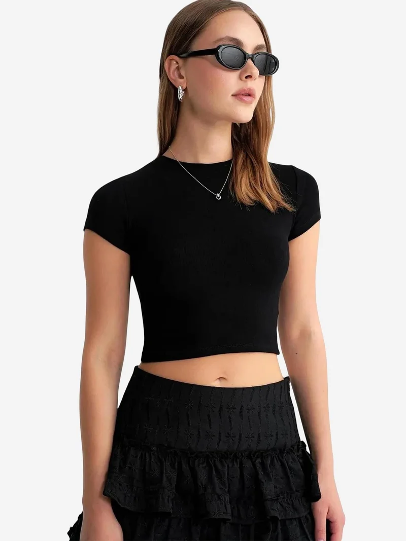 MixRay Mixray Fitted Crop Knitted T-Shirt