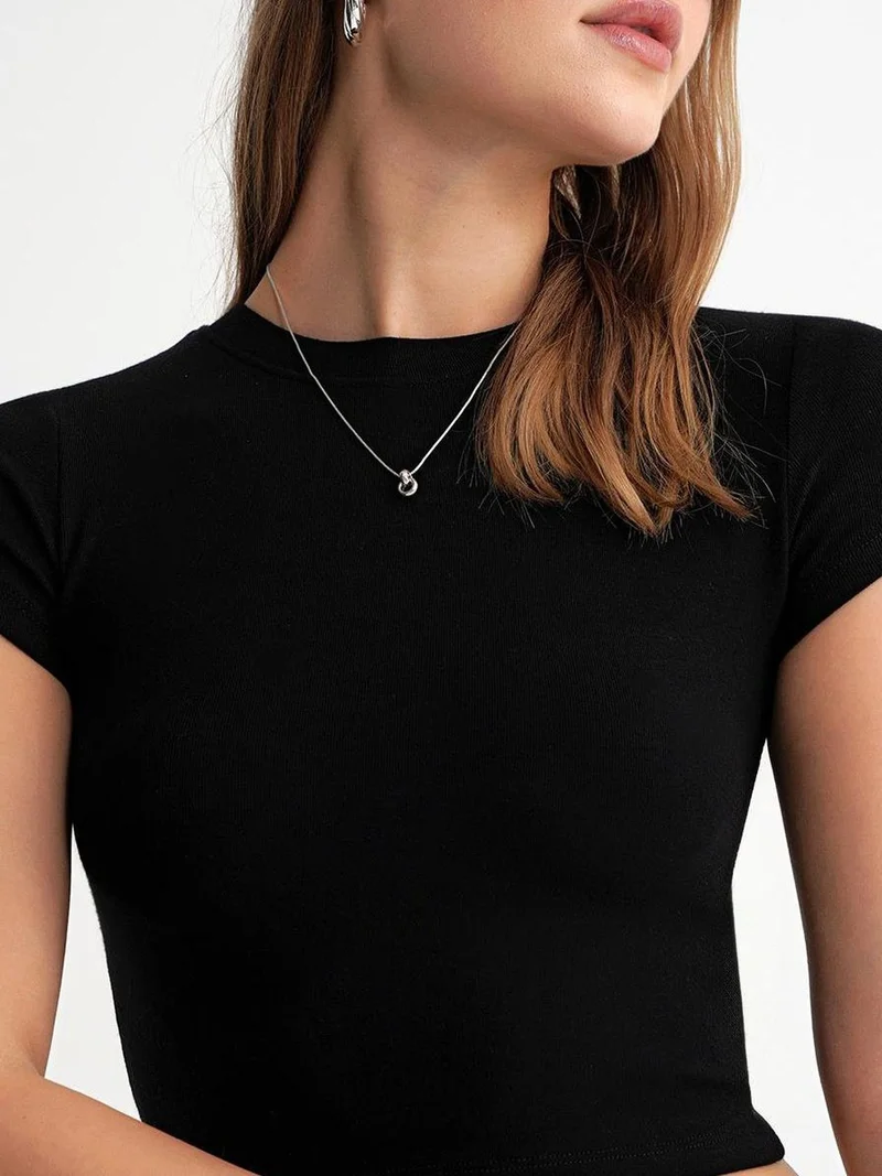 MixRay Black Mixray Fitted Crop Knitted T-Shirt for Women | Best Price UAE