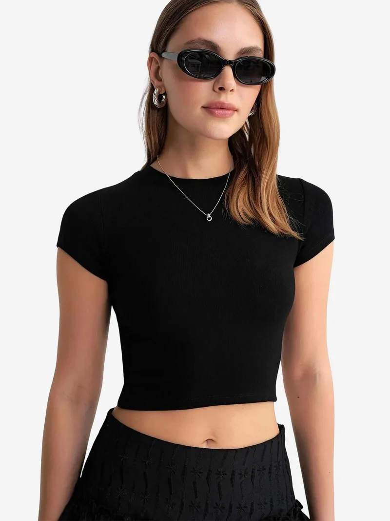 MixRay Black Mixray Fitted Crop Knitted T-Shirt for Women | Best Price UAE