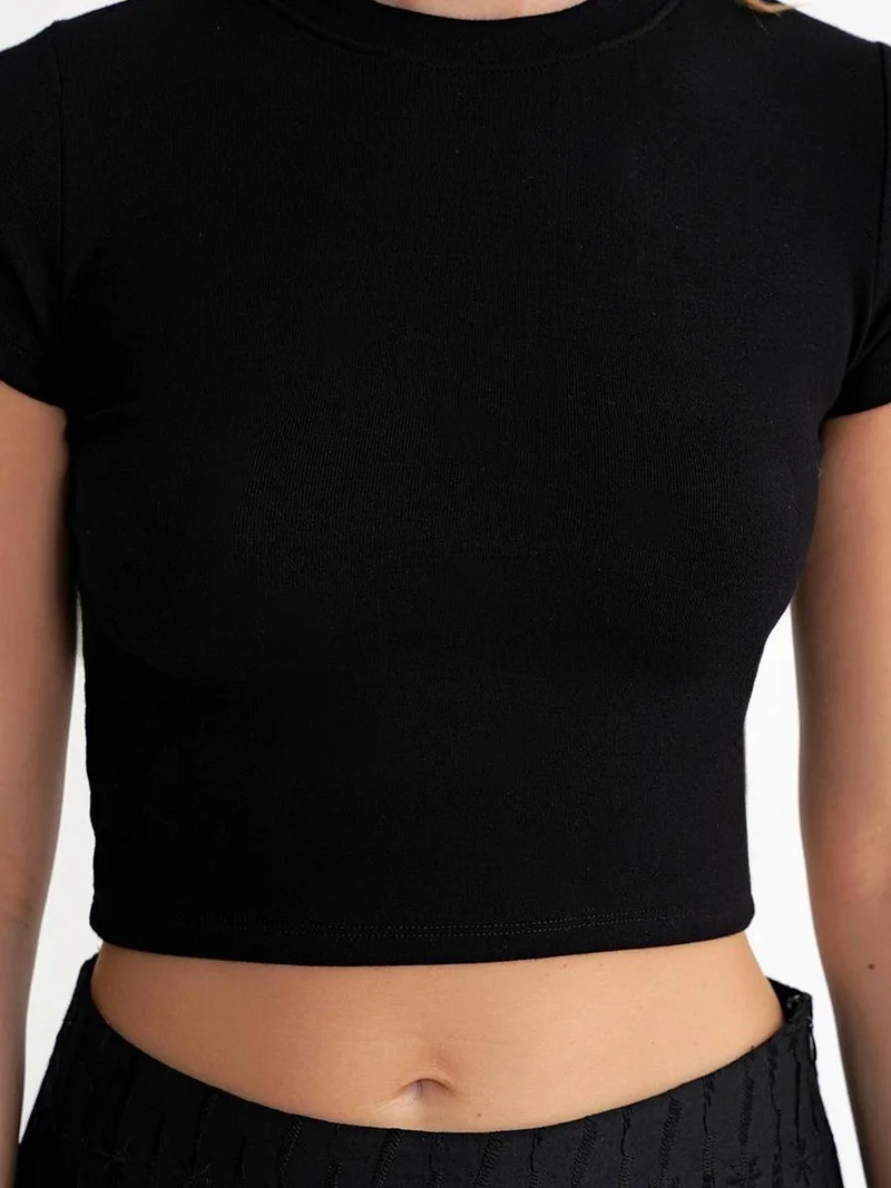 MixRay Black Mixray Fitted Crop Knitted T-Shirt for Women | Best Price UAE