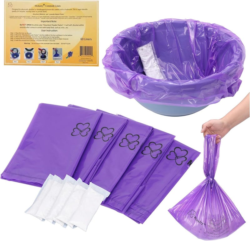 Medustry Commode Liners with Super Absorbent Pads - 60 Pack Disposable Bedside Commode Bags with Gel Pads, Individually Wrapped,Universal Fit, Leak-Proof for Adult Potty Chairs & Camping Toilets - Image 1