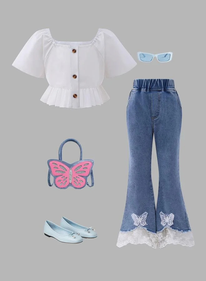 تايك تو Take Two Girls Square Neck Top and Lace Detail Flared Jeans