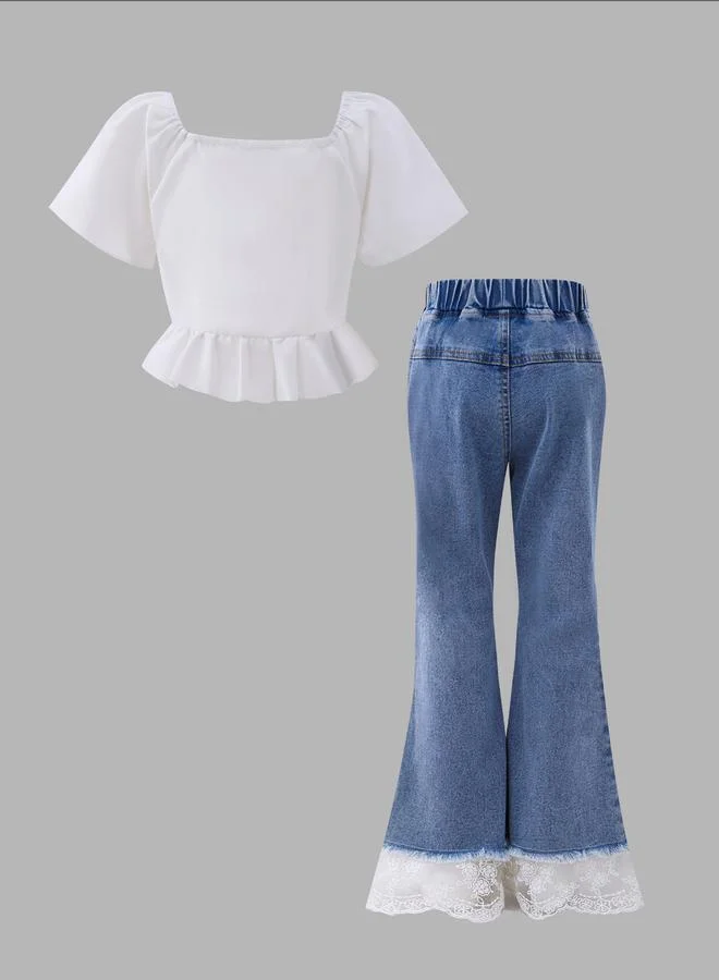 تايك تو Take Two Girls Square Neck Top and Lace Detail Flared Jeans