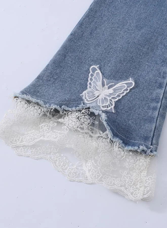 Take Two Take Two Girls Square Neck Top and Lace Detail Flared Jeans