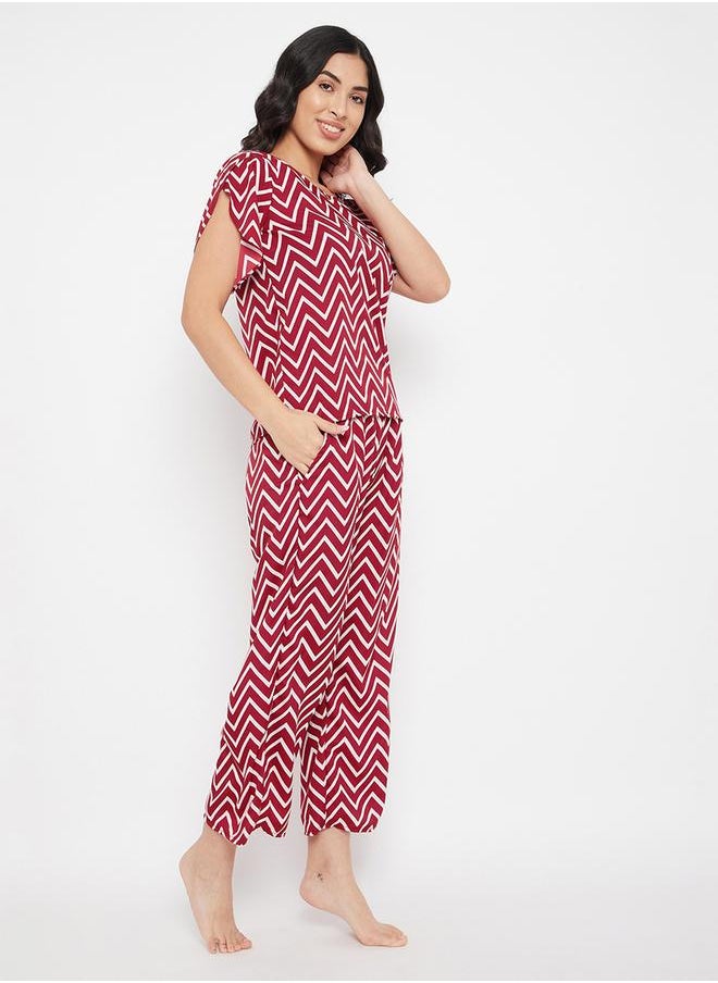 Clovia Women's Red Chevron Print Top & Pyjama Set by Styli  - Image 3