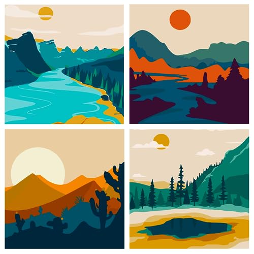 FQOVKYN 4 Pack Sunset Paint by Number for Adults Beginners DIY Landscapes Paint by Numbers on Canvas Acrylic Easy Painting by Numbers Oil Painting Kits for Home Wall Decor 8x8in - Image 1