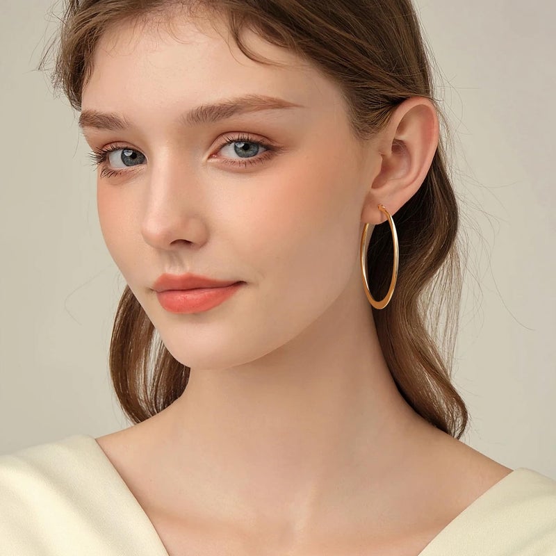 Gacimy 14K Gold Plated Hoop Earrings for Women 14k Real Gold Plated with 925 Sterling Silver Post, Flattened Yellow Hoops Medium Hypoallergenic Earrings for Women 40mm - Image 5