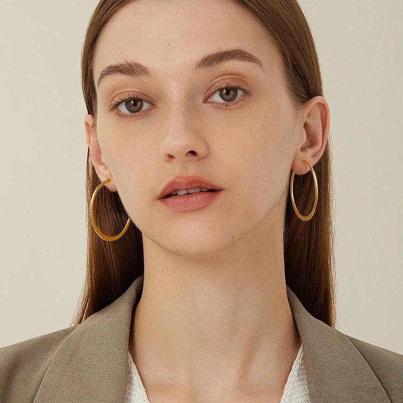 Gacimy 14K Gold Plated Hoop Earrings for Women 14k Real Gold Plated with 925 Sterling Silver Post, Flattened Yellow Hoops Medium Hypoallergenic Earrings for Women 40mm - Image 2