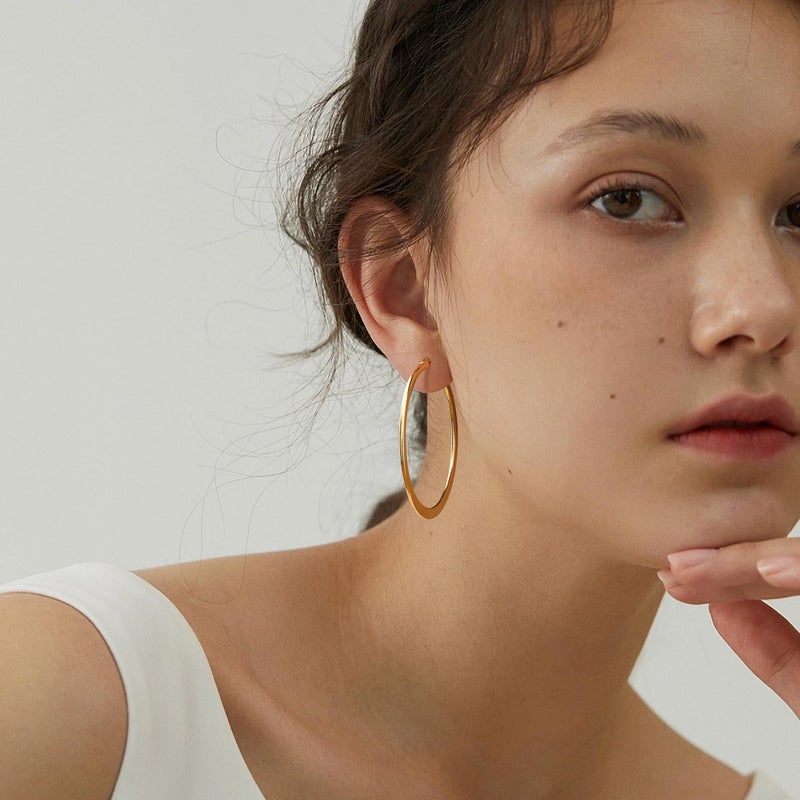 Gacimy 14K Gold Plated Hoop Earrings for Women 14k Real Gold Plated with 925 Sterling Silver Post, Flattened Yellow Hoops Medium Hypoallergenic Earrings for Women 40mm - Image 3