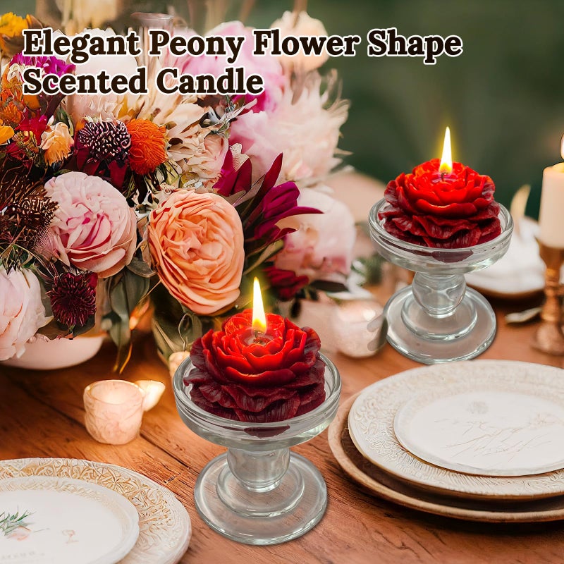 Peytanger Burgundy Peony Flower Shape Candles for Women Friends Colleague Classmates Gift, 3 Inch Pastel Aesthetic Scented Candle - Image 2