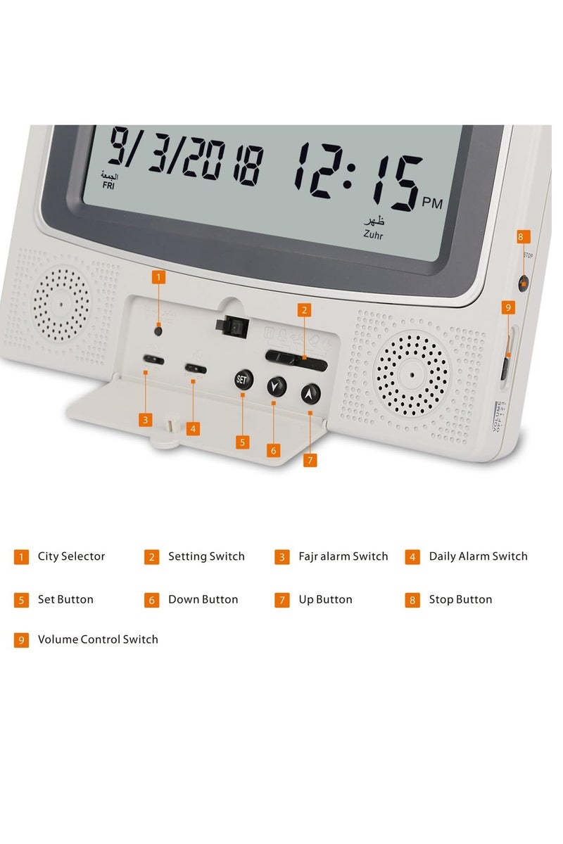 ihomeshop Prayer Alarm Clock – 5-in-1 Azan Reminder with Hijri Calendar, Daily & Weekend Modes, Temperature Display, Table-Top or Wall-Mount, 23.5×22.5×4.5 cm – Ideal for Every Saudi Home  - Image 4