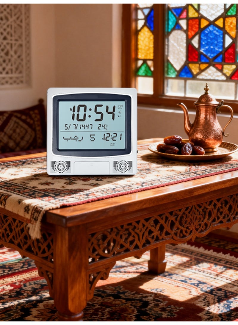 ساعة منبه للصلاة - تذكير بالأذان ٥ في ١ مع تقويم هجري، أوضاع يومية وعطلة نهاية الأسبوع، عرض درجة الحرارة، سطح الطاولة أو الحائط، ٢٣.٥×٢٢.٥×٤.٥ سم - مثالية لكل منزل سعودي - Image 2