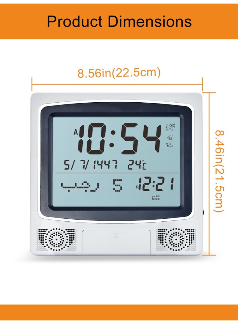 ساعة منبه للصلاة - تذكير بالأذان ٥ في ١ مع تقويم هجري، أوضاع يومية وعطلة نهاية الأسبوع، عرض درجة الحرارة، سطح الطاولة أو الحائط، ٢٣.٥×٢٢.٥×٤.٥ سم - مثالية لكل منزل سعودي - Image 3