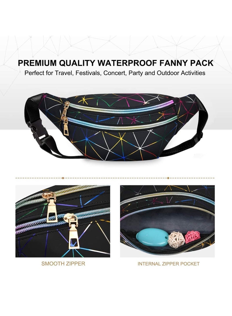 Waist Bag, Holographic Pack with PU Leather, Shiny Belt Bag Festival Rave Bumbags with 1 Business Card Holder for Ladies Travel Party Sports Running Hiking(Black) - Image 3