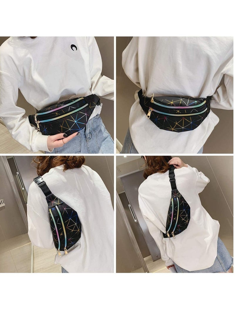 Waist Bag, Holographic Pack with PU Leather, Shiny Belt Bag Festival Rave Bumbags with 1 Business Card Holder for Ladies Travel Party Sports Running Hiking(Black) - Image 5
