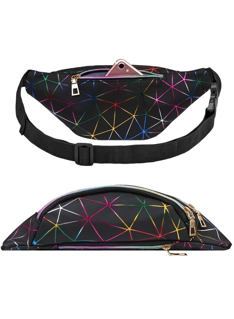 Waist Bag, Holographic Pack with PU Leather, Shiny Belt Bag Festival Rave Bumbags with 1 Business Card Holder for Ladies Travel Party Sports Running Hiking(Black) - Image 1