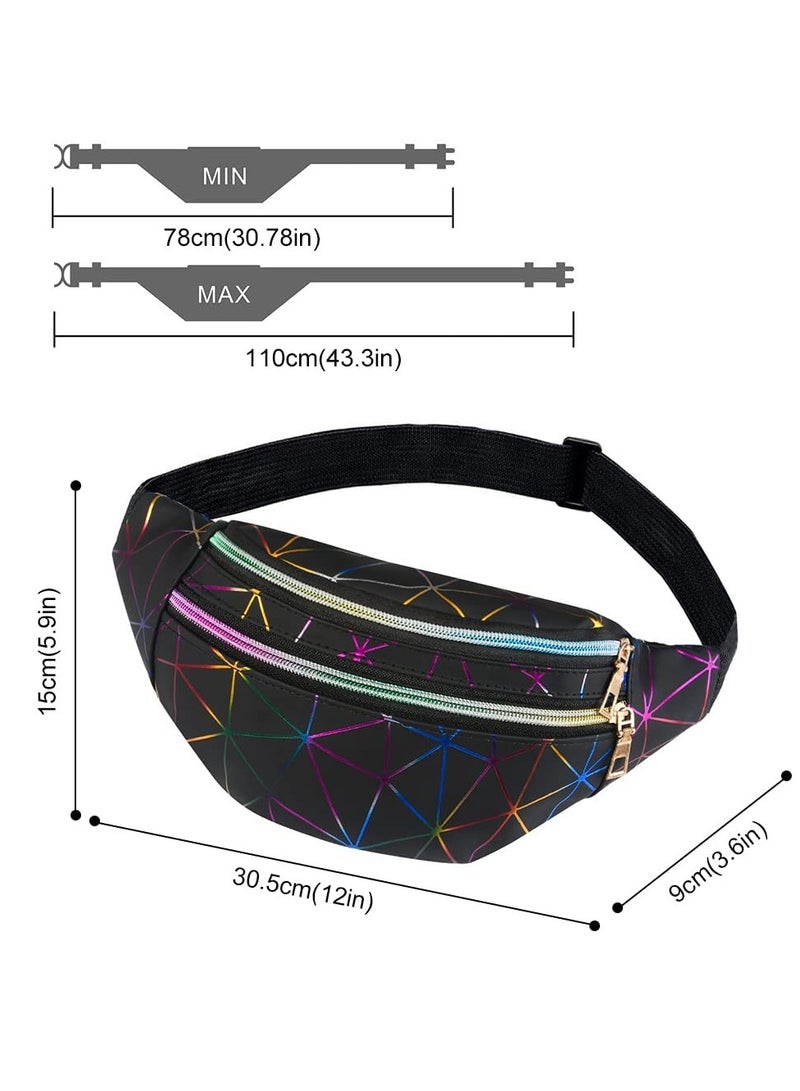 Waist Bag, Holographic Pack with PU Leather, Shiny Belt Bag Festival Rave Bumbags with 1 Business Card Holder for Ladies Travel Party Sports Running Hiking(Black) - Image 2